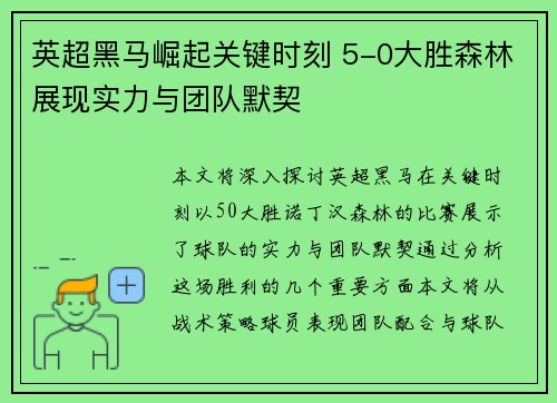 英超黑马崛起关键时刻 5-0大胜森林展现实力与团队默契